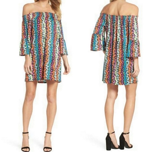 Trina Turk Daisy Floral Bell Sleeve Off the Shoulder Mini Swing Slip Dress - S - Picture 3 of 16
